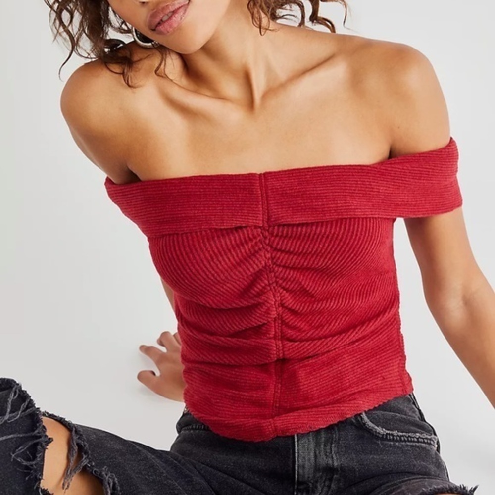 Free People Stolen Kiss Red This Cutie Off Shoulder Shirred Front Top, Large,NWT